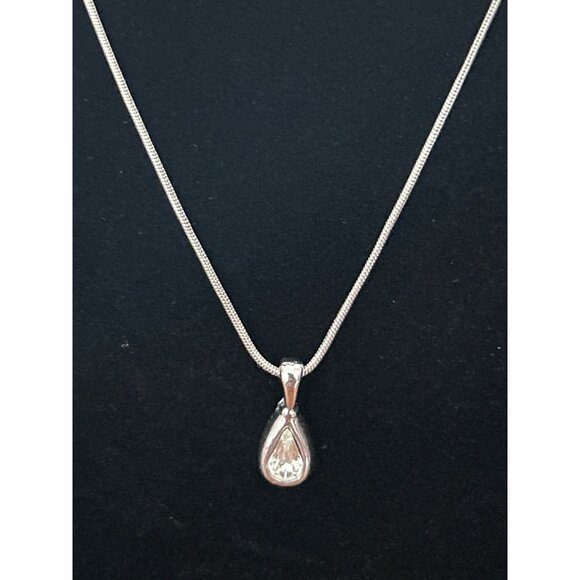 Silver Tone Teardrop Pendant Necklace 18" With Cubic Zirconia - Picture 2 of 4
